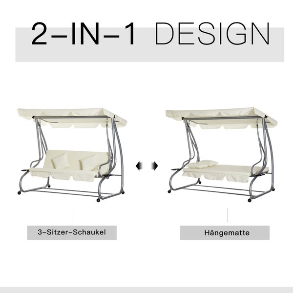 Outsunny 3-Sitzer Hollywoodschaukel, Gartenschaukel mit Sitz- und Rückenlehnen, 200 x 120 x 164 cm, Stahl, Polyestergewebe, Beige