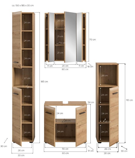 Badezimmermöbel-Set mit Maßangaben in Zentimeter für Hochschrank, Spiegelschrank, Waschbeckenunterschrank und Mittelschrank.