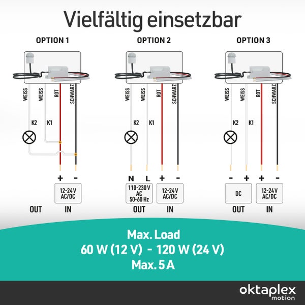 Schaltplan für Bewegungsmelder mit drei verschiedenen Anschlussmöglichkeiten für unterschiedliche Spannungsquellen und Lasten.