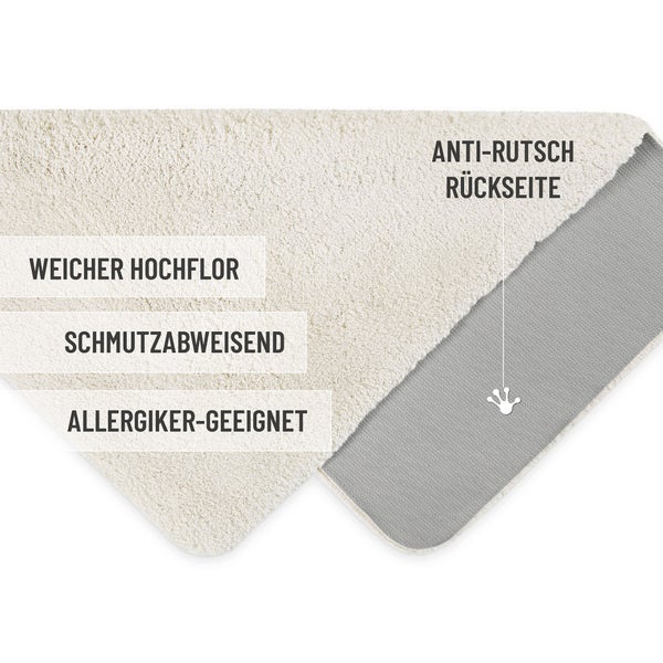 Hochflor Teppich Eigenschaften: weicher Hochflor, schmutzabweisend, für Allergiker geeignet und Anti-Rutsch Rückseite.