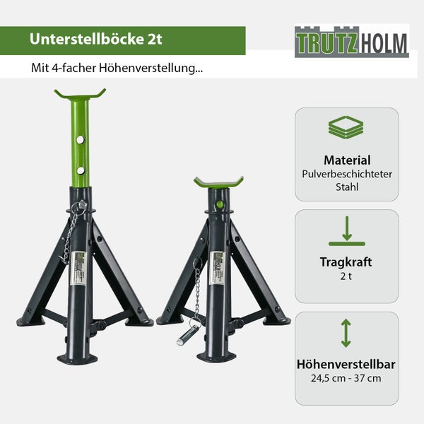 Trutzholm Unterstellböcke aus pulverbeschichtetem Stahl mit 2 Tonnen Tragkraft und 4-facher Höhenverstellung von 24,5 cm bis 37 cm