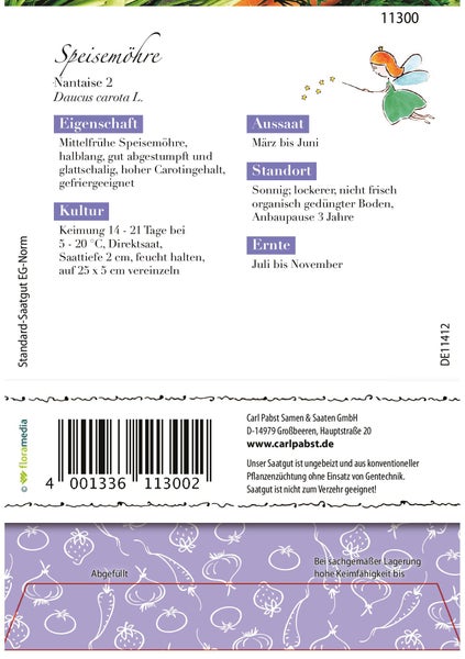 Rückseite der Saatgutpackung Speisemöhre Nantaise 2 von Carl Pabst mit Informationen zu Aussaat, Standort, Ernte und Pflegehinweisen.