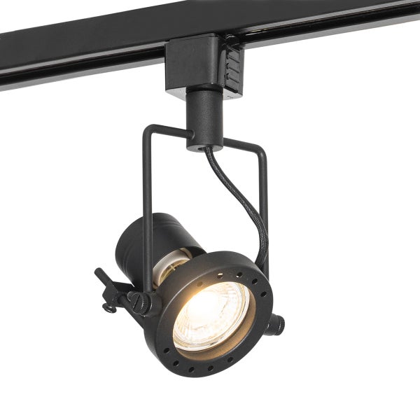 Schienensystem-Strahler aus schwarzem Metall, verstellbar, mit warmweißem Licht.