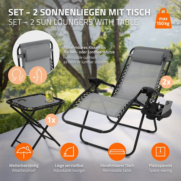 ML-Design 3-teiliges Sonnenliege Set klappbar, Gartenliege Set mit Tisch, Grau, Liegestuhl mit verstellbarem Kopfpolster & Rückenlehne, wetterfest/Outdoor, Relaxliege Gartenstuhl mit Getränkehalter