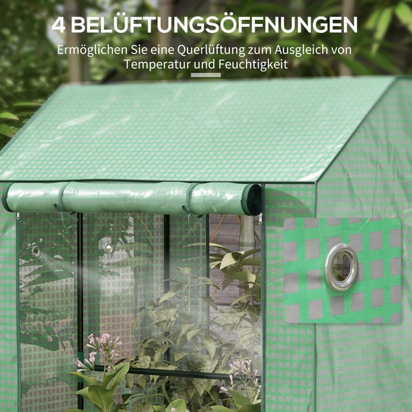 Gewächshaus aus Gitterfolie mit vier Belüftungsöffnungen für Querlüftung zur Regulierung von Temperatur und Feuchtigkeit.