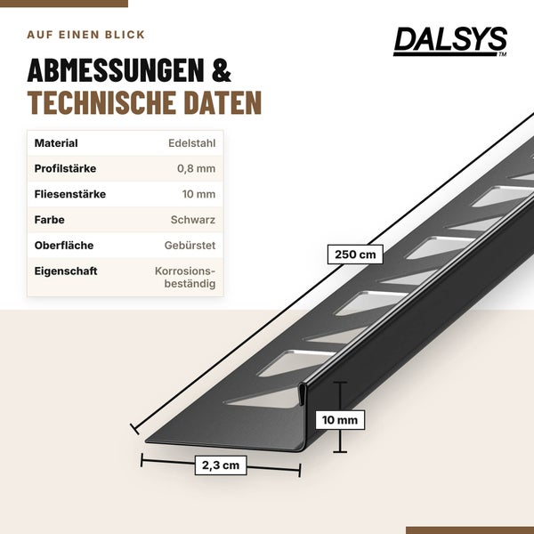 Dalsys Fliesenprofil aus Edelstahl in gebürsteter Ausführung mit einer Länge von 250 Zentimetern und einer Profilstärke von 0,8 Millimetern.