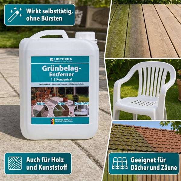HOTREGA Grünbelag-Entferner Konzentrat zur selbsttätigen Reinigung von Stein, Holz und Kunststoffoberflächen im Außenbereich