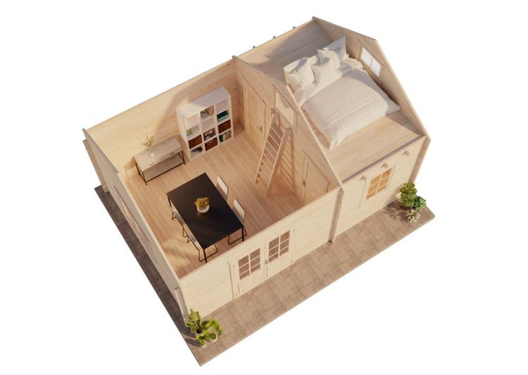 Ansicht eines Gartenhauses mit Tisch, Stühlen, Regal und Schlafgelegenheit auf einer Empore.