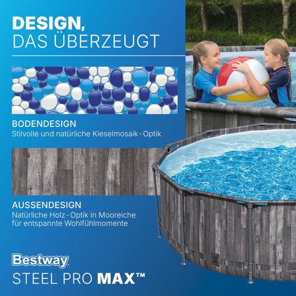 Bestway Steel Pro MAX Pool in Mooreiche Holzoptik, Kieselmosaik-Bodendesign, Kinder spielen mit Wasserball, Bestway Logo.