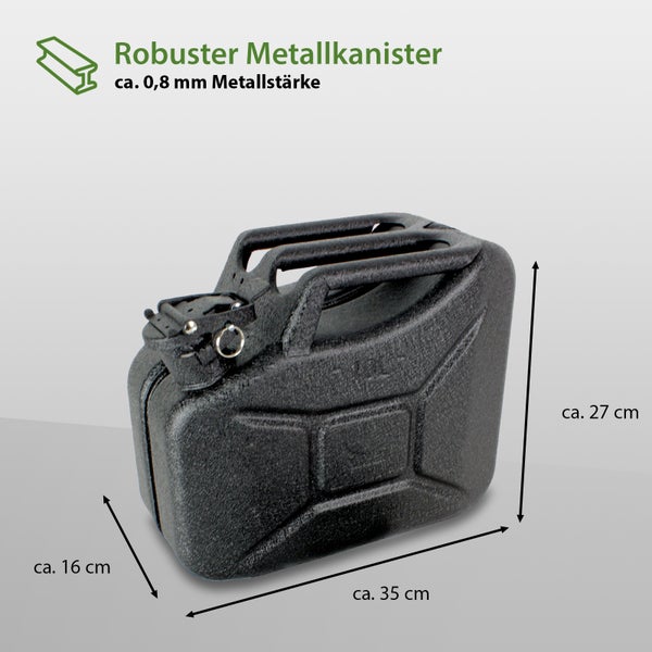 Robuster Metallkanister mit circa 0,8 Millimeter Wandstärke und Maßen von circa 35 mal 16 mal 27 Zentimetern.
