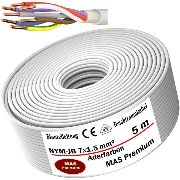 Rolle Feuchtraumkabel NYM-JB 7 mal 1,5 Quadratmillimeter, 5 Meter lang, mit Detailansicht der sieben farbigen Kupferadern.