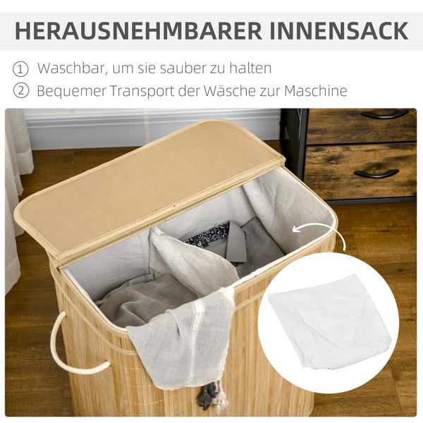HOMCOM Wäschekorb mit Deckel 90 L Wäschesammler mit Griffen, 2 herausnehmbarer Wäschesack, faltbar, Wäschebox Wäschetonne für Waschküche Schlafzimmer Badezimmer Natur