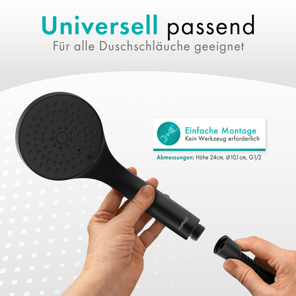 Engelbach® Handbrause 3 Strahlarten, Universal Duschbrause (9L/Min) - Matt Schwarz