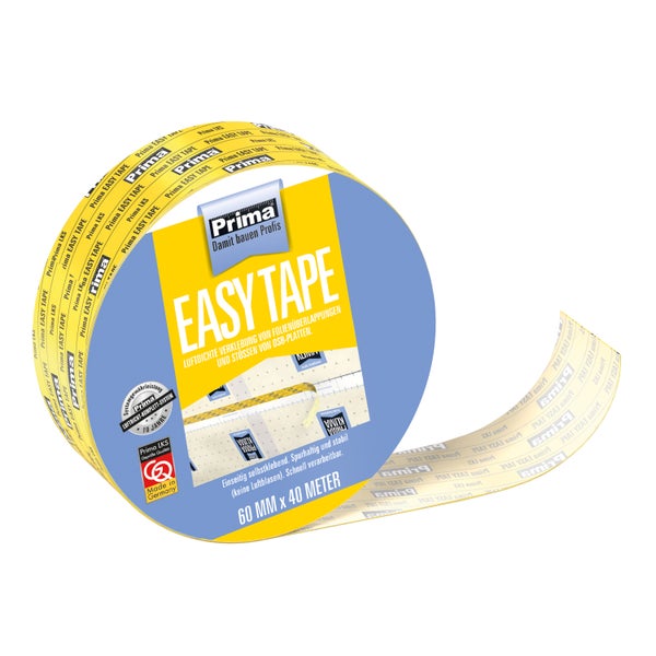 Prima Logo Easy Tape, luftdichtes Klebeband für Folienüberlappungen und OSB-Platten, 60 Millimeter mal 40 Meter, hergestellt in Deutschland.