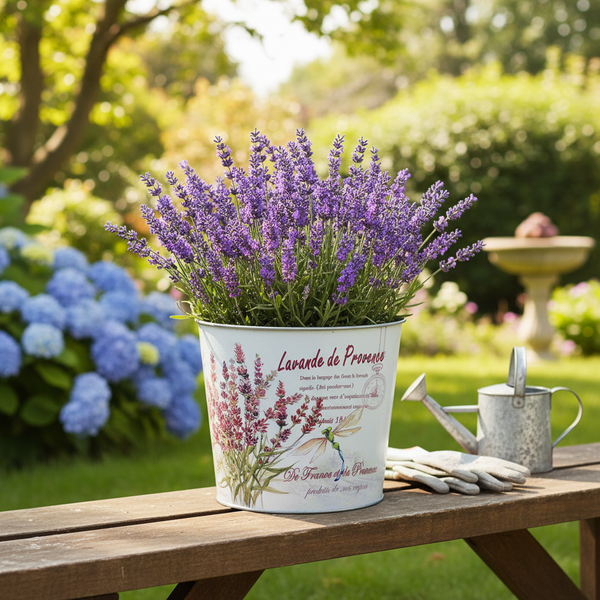 Lavendel im dekorativen Metalltopf auf einer Holzbank im sonnigen Garten mit Gießkanne und Gartenhandschuhen.
