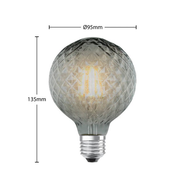 LED-Leuchtmittel Globe G95 mit E27-Sockel, Rauchglas mit Rautenmuster, Durchmesser 95 Millimeter, Höhe 135 Millimeter.