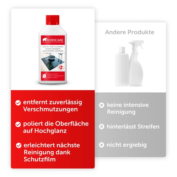 Nordicare Ceranfeldreiniger [250ml] für Cerankochfeld oder Induktionsfeld I Ceranfeld Reiniger für Eingebranntes I Glaskeramik Kochfeldreiniger
