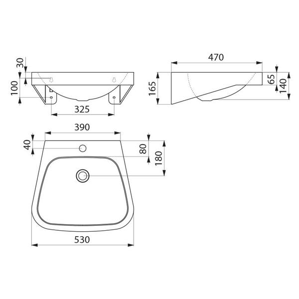 Maßskizze eines Waschbeckens mit Maßangaben in Millimeter in der Frontalansicht, Seitenansicht und Draufsicht.
