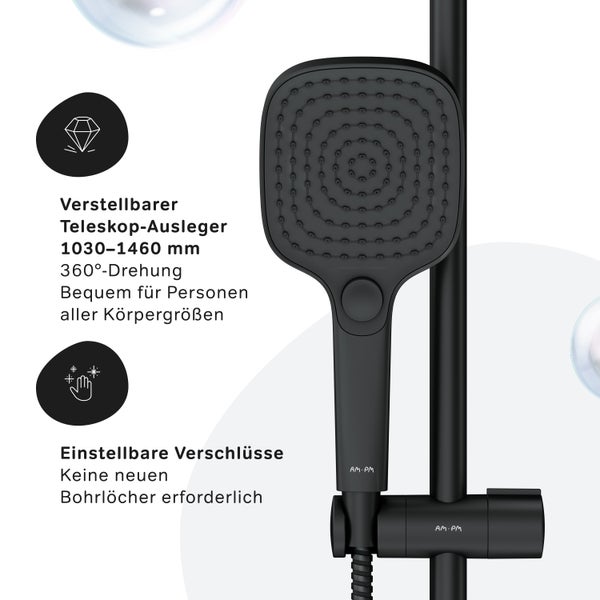Duschsystem von AM PM mit quadratischem Duschkopf, verstellbarem Teleskopausleger und montagefreundlicher Befestigung ohne neue Bohrlöcher.