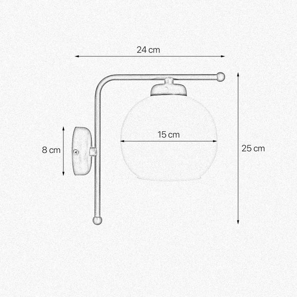 Skizze einer Wandleuchte mit den Maßen 24 cm Breite, 25 cm Höhe und 15 cm Durchmesser des Lampenschirms