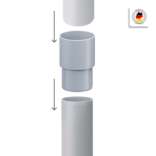 Montage eines grauen Hochtemperatur-Rohr-Adapters zwischen zwei Rohrenden mit Pfeilen zur Veranschaulichung, Siegel Hergestellt in Deutschland.