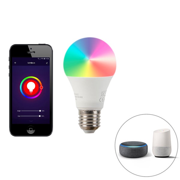 Smarte LED-Lampe E27 steuerbar per Smartphone-App und Sprachassistent mit Farbwechselfunktion und Dimmbarkeit.