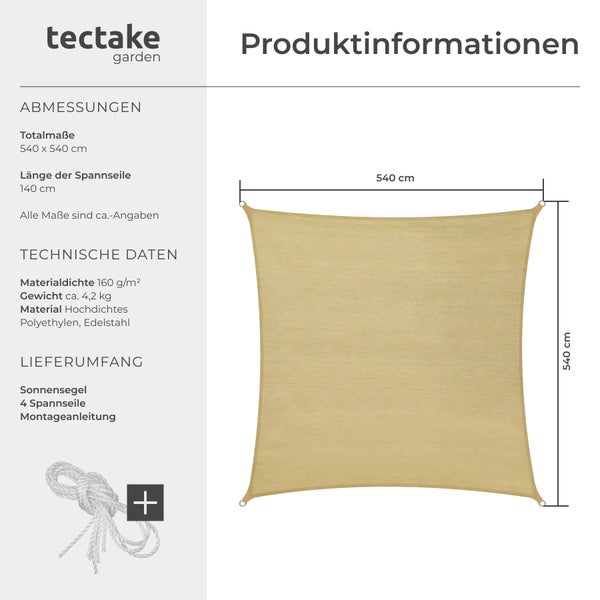 Sonnensegel tectake  inklusive Spannseile rechteckig mit UV-Schutz 50+ beige