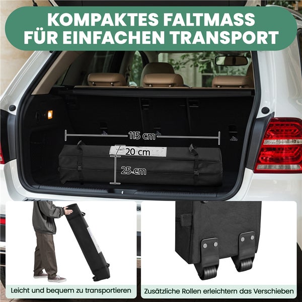 Schwarze Transporttasche im Auto-Kofferraum, Maße 115 Zentimeter mal 20 Zentimeter mal 25 Zentimeter, mit Rollen zum einfachen Verschieben.