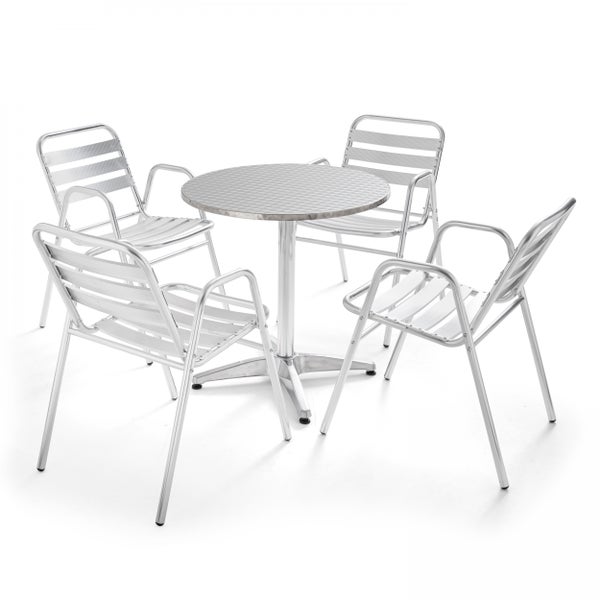 Gartenmöbel Set aus Aluminium bestehend aus einem runden Bistrotisch und vier Stühlen mit Armlehnen.