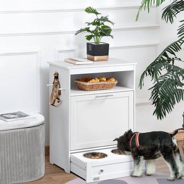 PawHut Haustier-Futterschrank mit 2 Edelstahlnäpfen, 3 Haken, Tierfutterschrank mit Lagerschrank, offenem Fach & Kipptür, Hundefutterstation für Hunde, 61 x 35,5 x 82 cm, Weiß