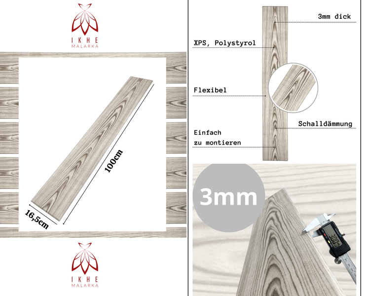 IKHE MALARKA Logo. Flexibles Wandpaneel XPS in Holzoptik. Maße 100 mal 16,5 Zentimeter, Dicke 3 Millimeter. Schalldämmend und einfach zu montieren.