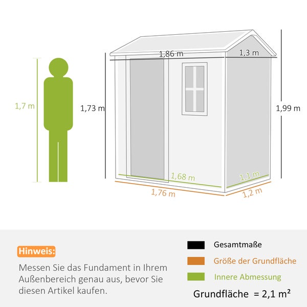 Outsunny Gerätehaus Kunststoff 2,1m² 186 x 130 x 199cm Geräteschuppen mit Satteldach Boden Fenster Abschließbarer Tür wetterfest Gartenhaus Outdoor Garten Schuppen für Hinterhof Grau