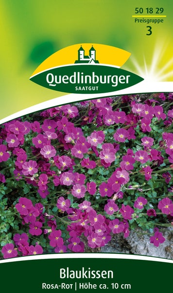 Saatgutpackung für Blaukissen von Quedlinburger Saatgut mit rosa Blüten, Wuchshöhe circa 10 Zentimeter. Quedlinburger Saatgut Logo.