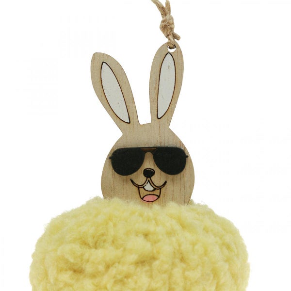 Dekorativer Osterhase mit Sonnenbrille aus Holz und Wolle, zum Aufhängen