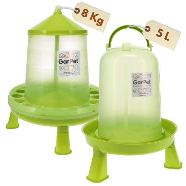 GarPet Geflügel-Futterautomat für 8 Kilogramm und Geflügeltränke für 5 Liter mit Standfüßen aus Kunststoff.