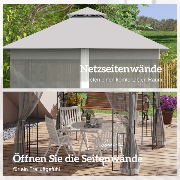 Gartenpavillon mit Netzseitenwänden und zurückgebundenen Vorhängen, Sitzgruppe mit Gartenmöbeln auf einer Holzterrasse.
