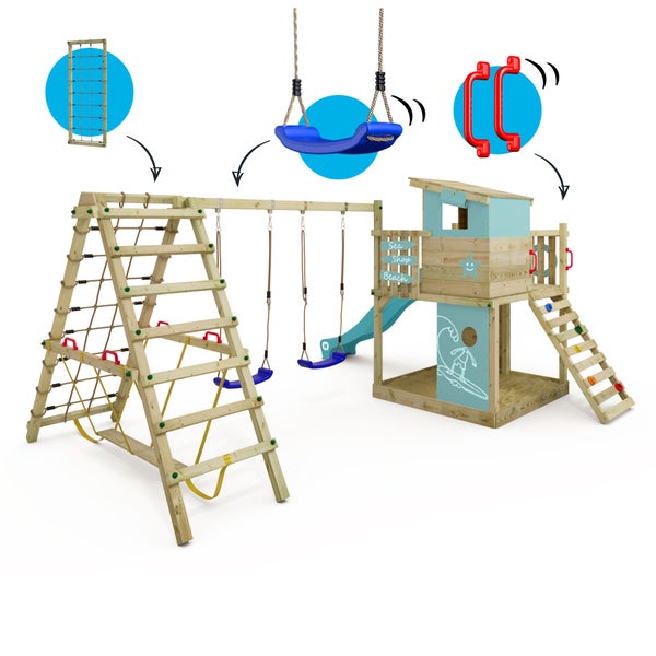 WICKEY Spielturm Klettergerüst Smart Surf mit Schaukel und Rutsche, Kletterturm mit Sandkasten, Leiter und Spiel-Zubehör – pastellblau