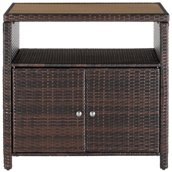 Gartenschrank aus Polyrattan in Braun mit zwei Türen, einer offenen Ablage und einer Tischplatte in Holzoptik.