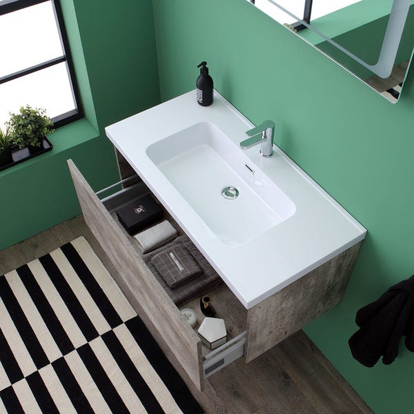 Modernes Badezimmer mit Waschtischunterschrank, Waschbecken, Armatur und offenem Schubladenauszug