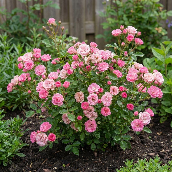 Blühender kleiner Rosenstrauch mit vielen rosa Blüten und grünen Blättern in einem Gartenbeet.