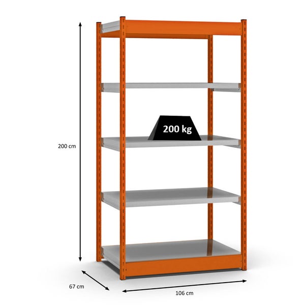 PROREGAL Fachbodenregal Stecksystem Vierkant-Profil Grundregal HxBxT 200 x 102,5 x 60 cm 5 Ebenen Einseitige Bauart Fachlast 200 kg Orange