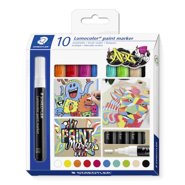 Staedtler Lumocolor Paint Marker, Set mit 10 Acrylmarkern in verschiedenen Farben mit einer Linienbreite von circa 2,4 Millimetern.