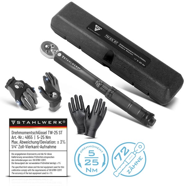 STAHLWERK Drehmomentschlüssel TW-25 ST Set mit Koffer, LED Handschuhen und Arbeitshandschuhen