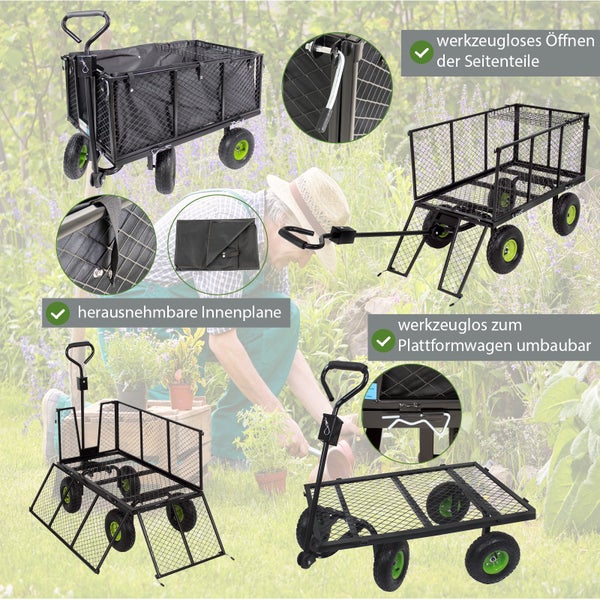 Gartenwagen mit herausnehmbarer Innenplane, werkzeuglosem Öffnen der Seitenteile und Umbaumöglichkeit zum Plattformwagen.