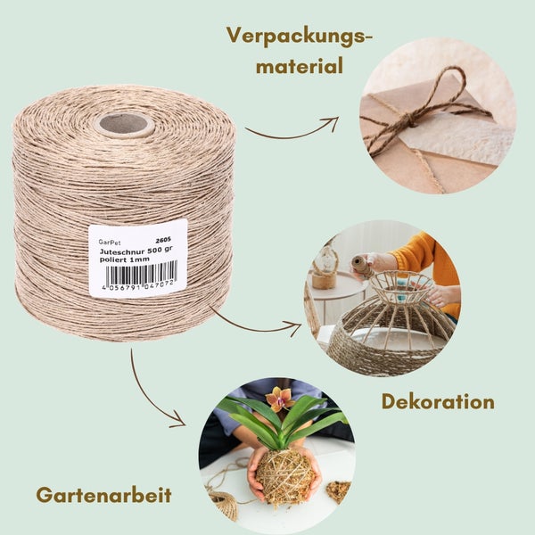 2x Juteschnur 500 m Bindfaden Schnur zum basteln Jutegarn Natur Jutekordel Paketschnur Gartenschnur Jute Bastelschnur Garten Pflanzschnur