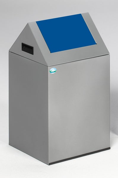 PROREGAL Selbstlöschender Wertstoffsammler Spitz Mit Einwurfklappe 43 Liter HxBxT 60 x 32 x 32 cm Verzinkter Stahl Silber Blau