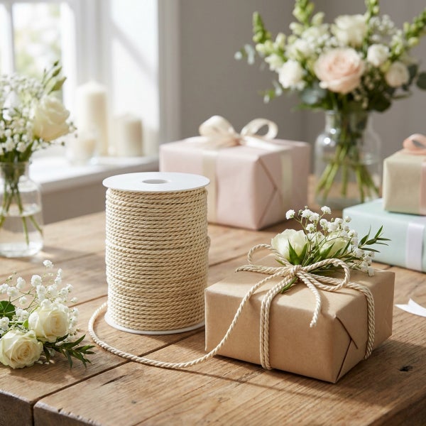 Spule mit gedrehter Kordel aus Naturfasern auf einem Holztisch mit Geschenkverpackungen und Blumendekoration