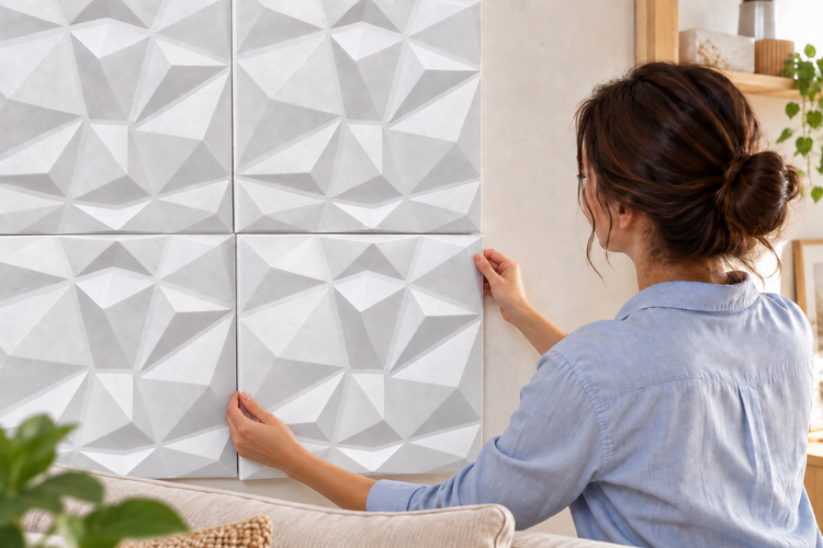 Eine Frau bringt quadratische 3D Wandpaneele mit geometrischem Reliefmuster an einer Innenwand an.
