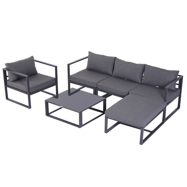 Outsunny 6-tlg. Gartenset Gartengarnitur Gartensofaset Sitzgruppe Gartenmöbel Aluminium + Polyester + Hartglas Grau mit Kissen für 4–5 Personen