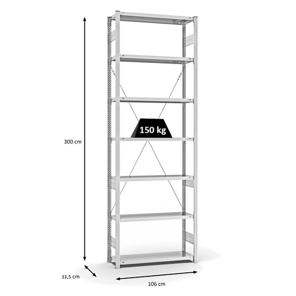 PROREGAL Fachbodenregal Stecksystem T-Profil Light-Duty Grundregal HxBxT 300 x 100 x 30 cm 7 Ebenen Fachlast 150 kg Einseitig Nutzbar Lichtgrau